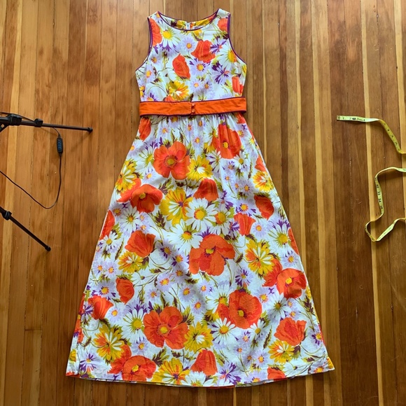 70s belted floral maxi dress orange purple M - Picture 1 of 5